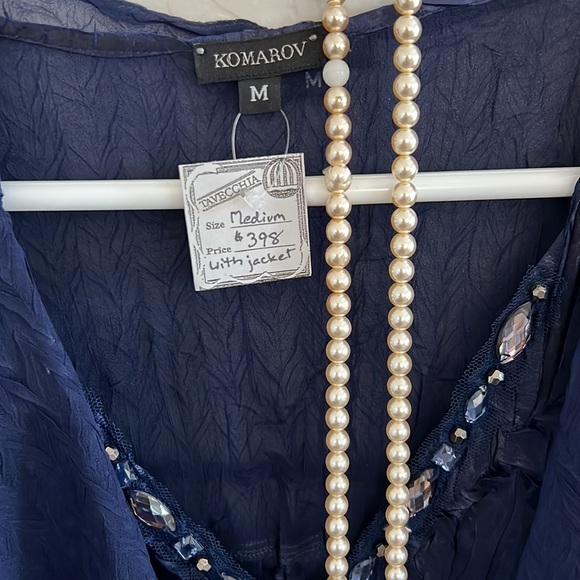 Komarov Blue V-Neck 3/4 Sleeve Pleated 2-Piece Jacket Dress - Picture 4 of 10